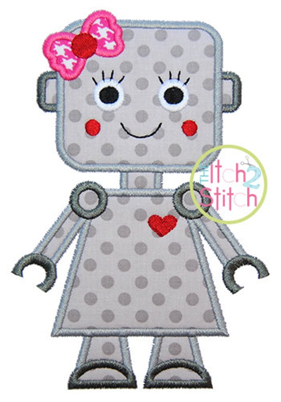 Robot Girl Applique Design For Machine Embroidery Shown With