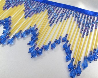 Royal Cobalt Blue and Gold Glass Long 5.5 inch Beaded Fringe Decorator Trim by the yard or half yard