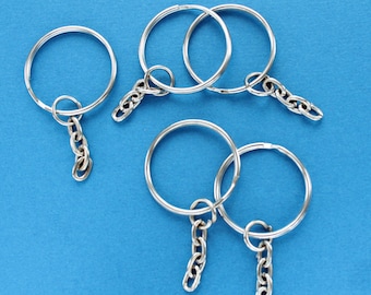 BULK 50 Key Chain Rings Silver 25mm (1") with Attached Chain Z59