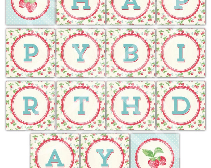Strawberry Party Happy Birthday, Round Buntings, Instant Download, Print your own