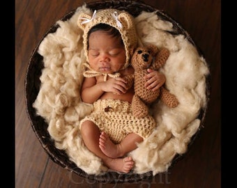 Newborn Bear Bonnet and Teddy Bear Set - Newborn Photo Prop, Bear Hat, Crochet Teddy Bear, Bear Hat and Diaper Cover