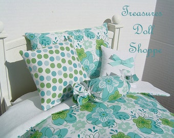 Doll Bedding 5 Pc Set for 18 Inch Dolls - Shabby Floral in Blue