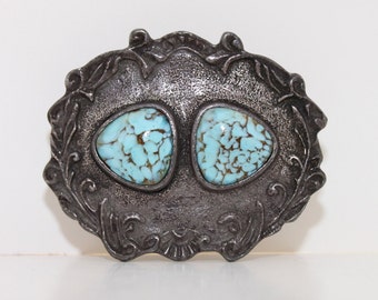 Brass Ornate Belt Buckle/ with Turquoise