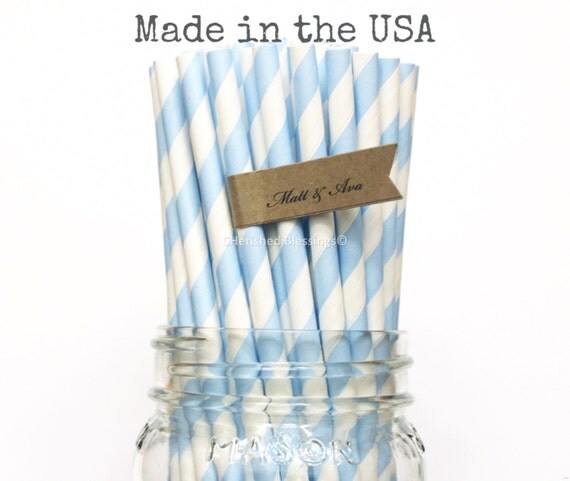 Baby Blue Paper Straws 50 Light Blue Striped Paper Straws, Powder Blue Paper Straws, Baby Shower Wedding Straws Birthday Party, Made in USA Il_570xn