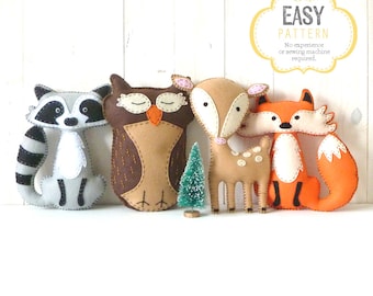 Woodland Stuffed Animal Patterns, Felt Fox Owl Deer Raccoon Plushie Patterns, Deer Fox Owl Raccoon Softie Patterns