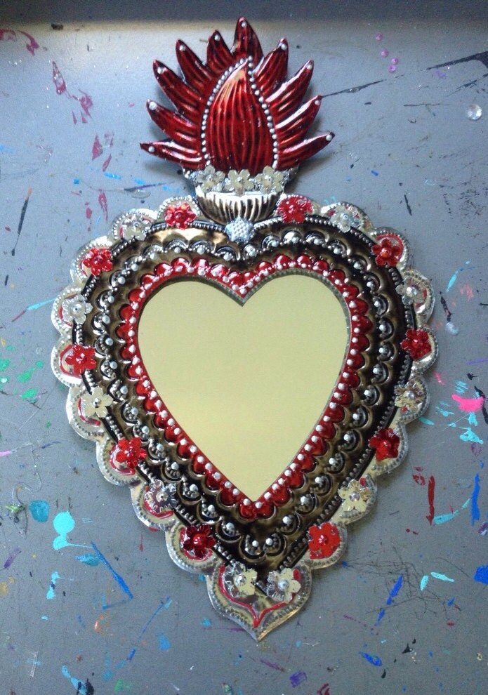 Sacred Heart tin metal mirror / Mexican folk art by TheVirginRose