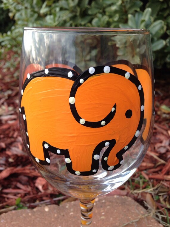 Orange Elephant Painted Wine glass