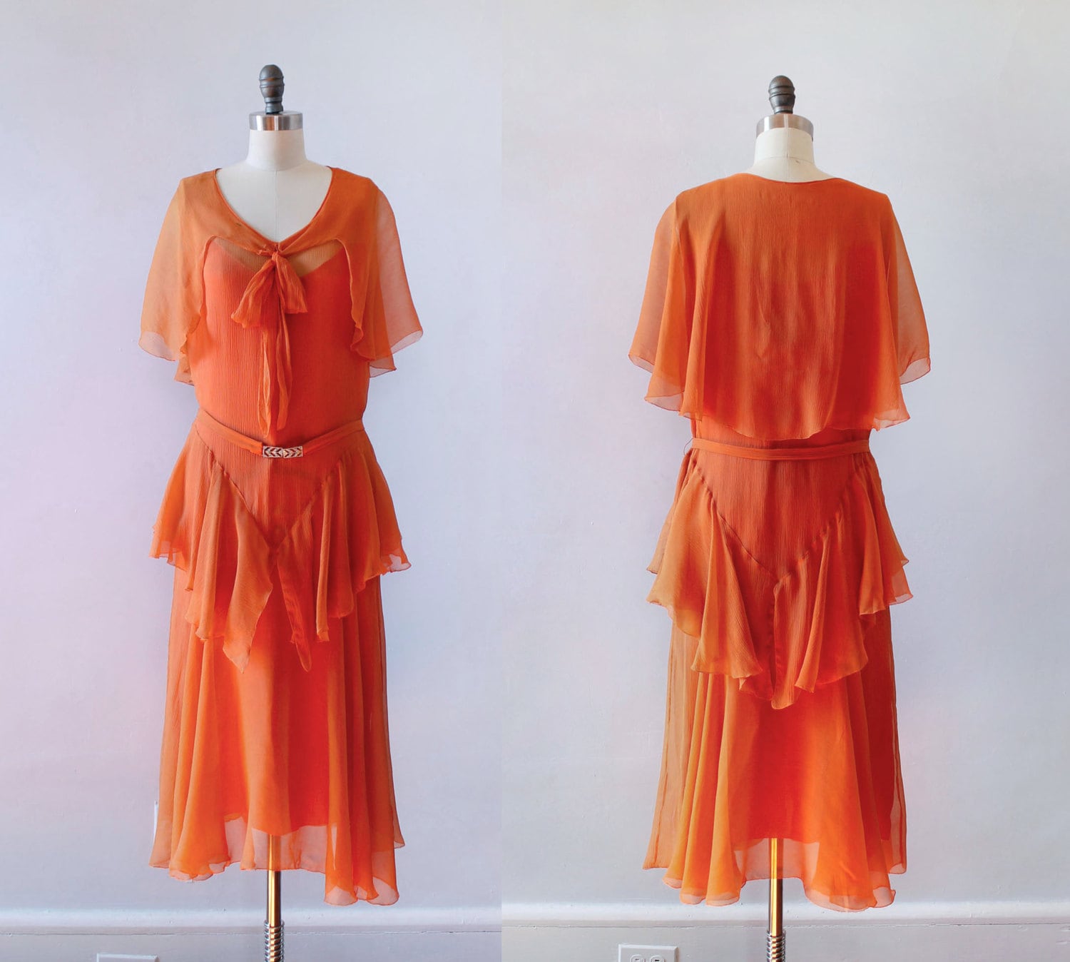 RESERVED 1920s Dress / 20s Orange Chiffon Flapper Dress