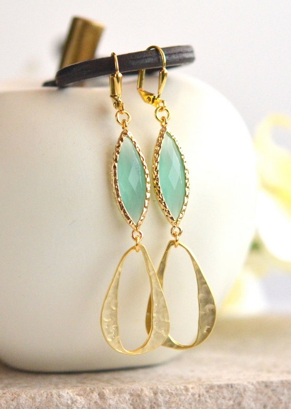 Long Aqua and Gold Statement Earrings. Jewelry. Drop Earrings.