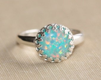 RARE Mint Seafoam Opal Ring,Sterling Silver Crown Setting Ring,Lab Created Opal Gemstone,Genuine Opal Ring,Opal Jewelry,October Birthstone