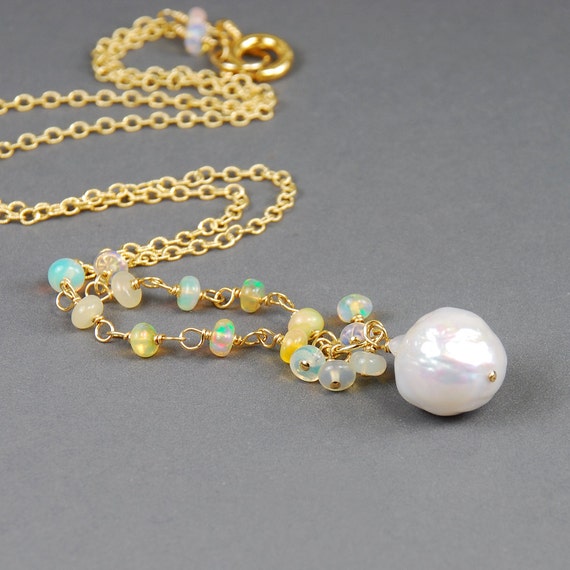 Opal Baroque Pearl Gold Filled Necklace. Dainty Opal Necklace