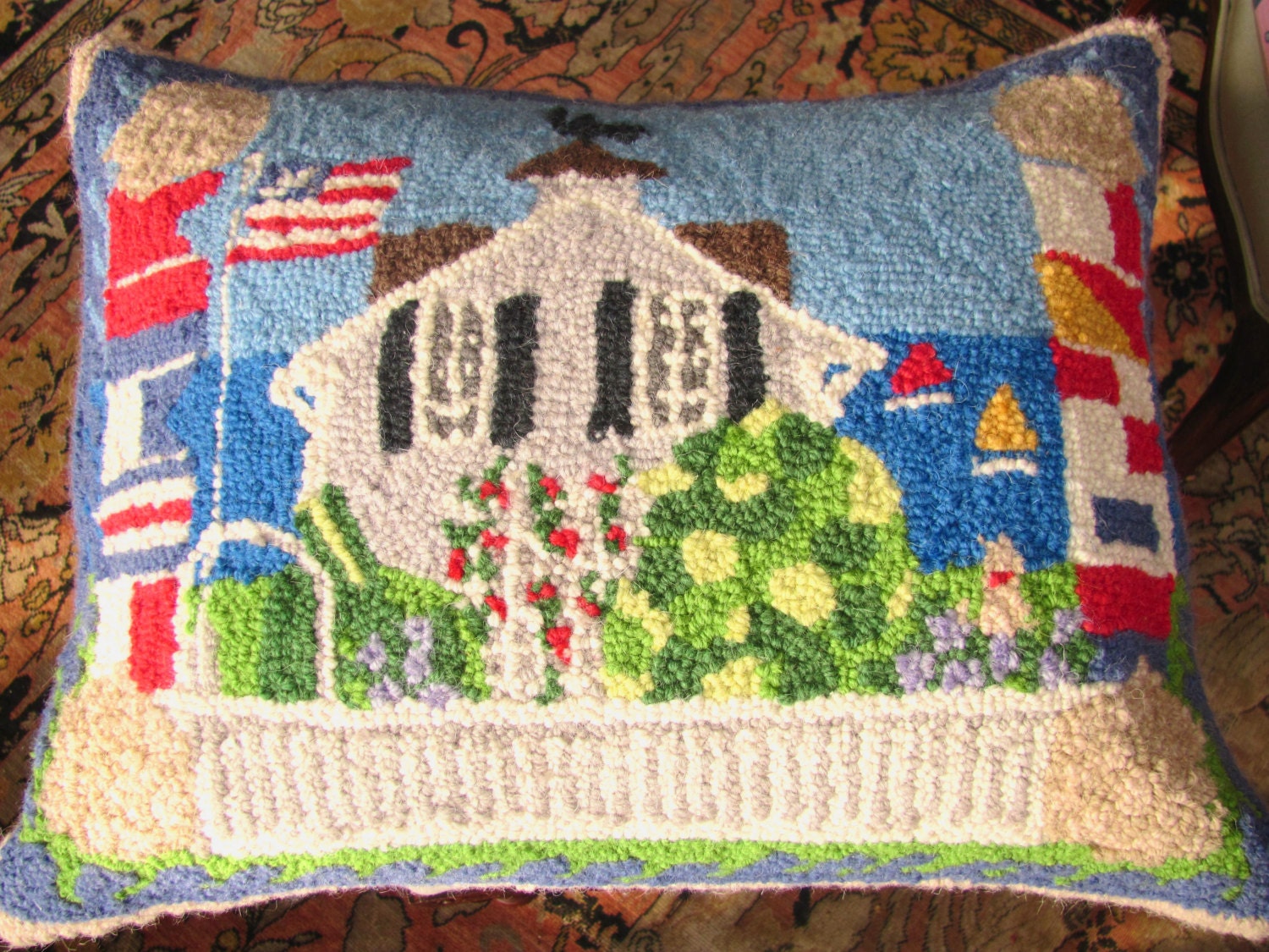 Vintage Needlepoint Pillow Beach House Nantucket Style