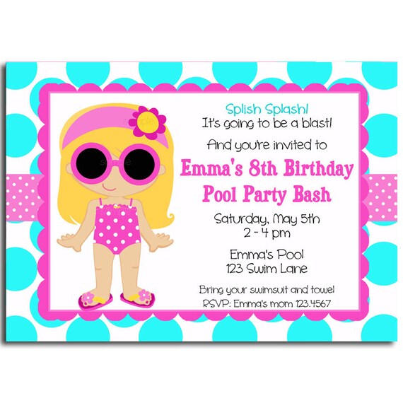Pool Party Invitation Printable or Printed with FREE SHIPPING - You pick hair color/style & skin tone - Splash Girl Collection Il_570xn