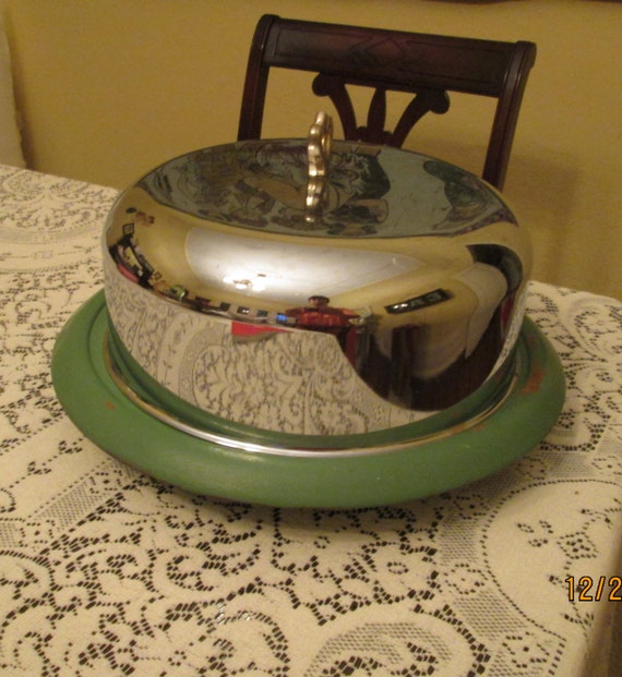 Vintage Cake Stand Lazy Susan Cake Carrier 40s Green Wood