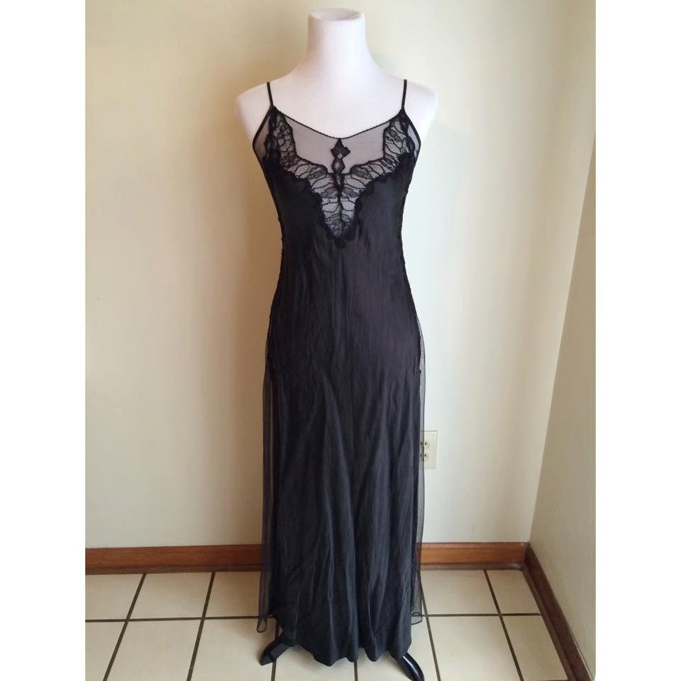 Black Silk and Lace Long Nightgown Slip Dress by LilyLuckyCat