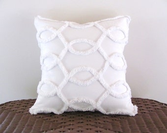 Decorative pillow cover WHITE CURVES white chenille cushion cover 14 X 14 cottage chic vintage chenille shabby style