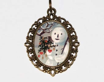 Snowman Necklace, Christmas Jewelry, Holiday Jewelry, Winter Necklace, Christmas Tree, Bronze Oval Pendant