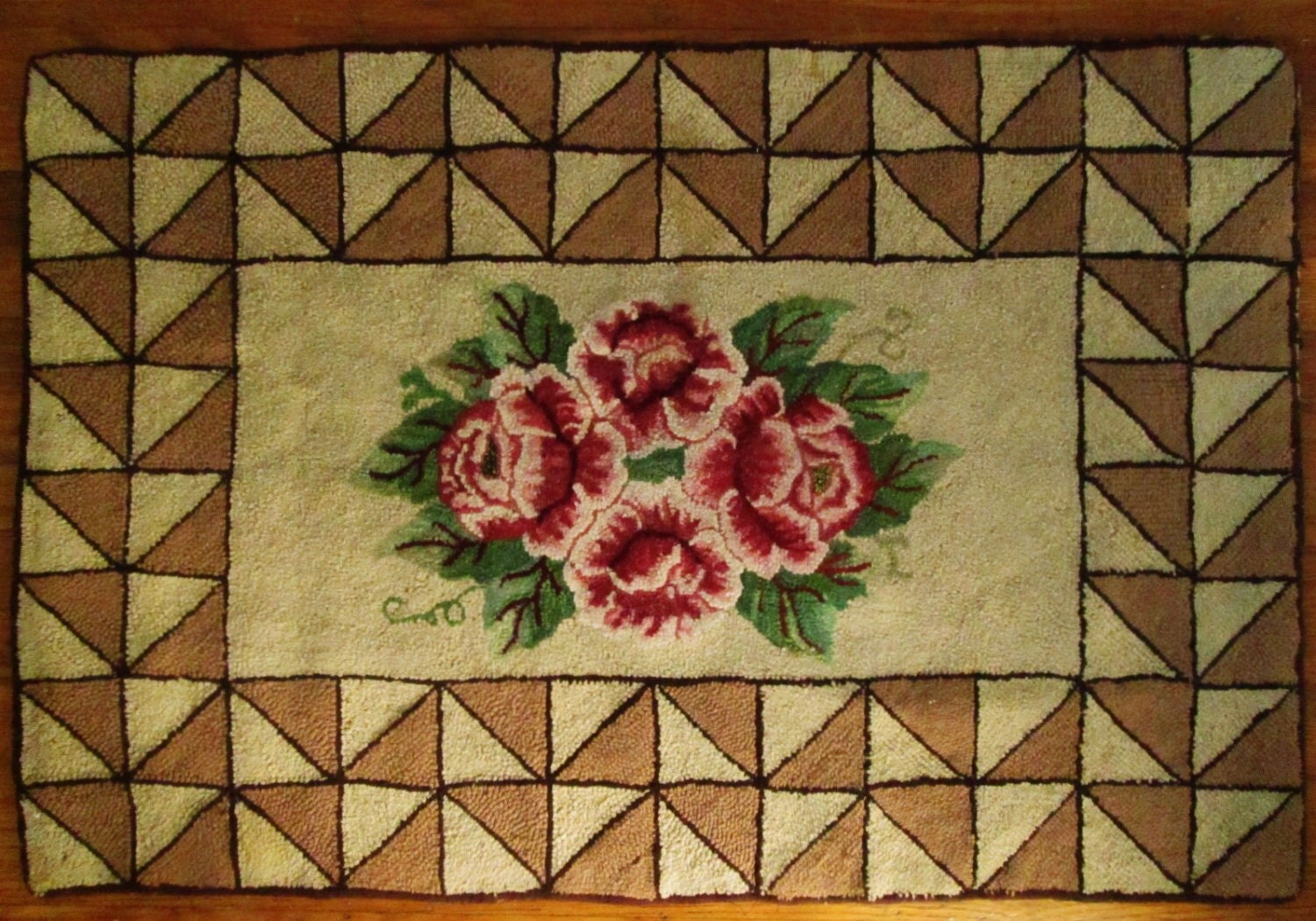 Hooked Rug Roses Pearl McGown Antique Vintage