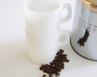 Vintage, Fire King Mugs, Stackable, Coffee Mugs, Plain White, Milk Glass, Set of 2, Anchor Hocking, Minimal, 8 oz