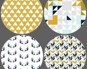 Navy and Mustard Tribal Crib Bedding Set - 4 Piece Set - Crib Bumper, Fitted Crib Sheet, Crib Skirt, Crib Blanket