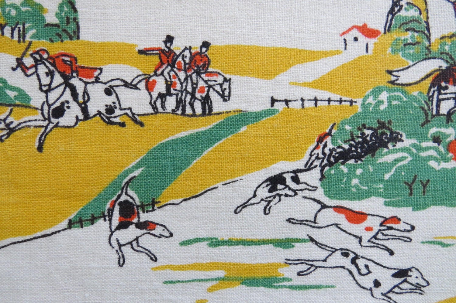 Vintage English Fox Hunting Scene Placemat Linen Yellow