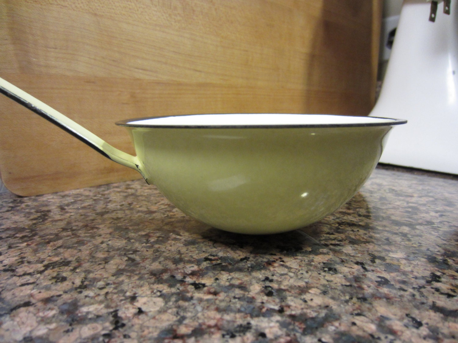 Vintage French Enamel Ladle, Stew Soup Ladle, Ivory Cream Enamel