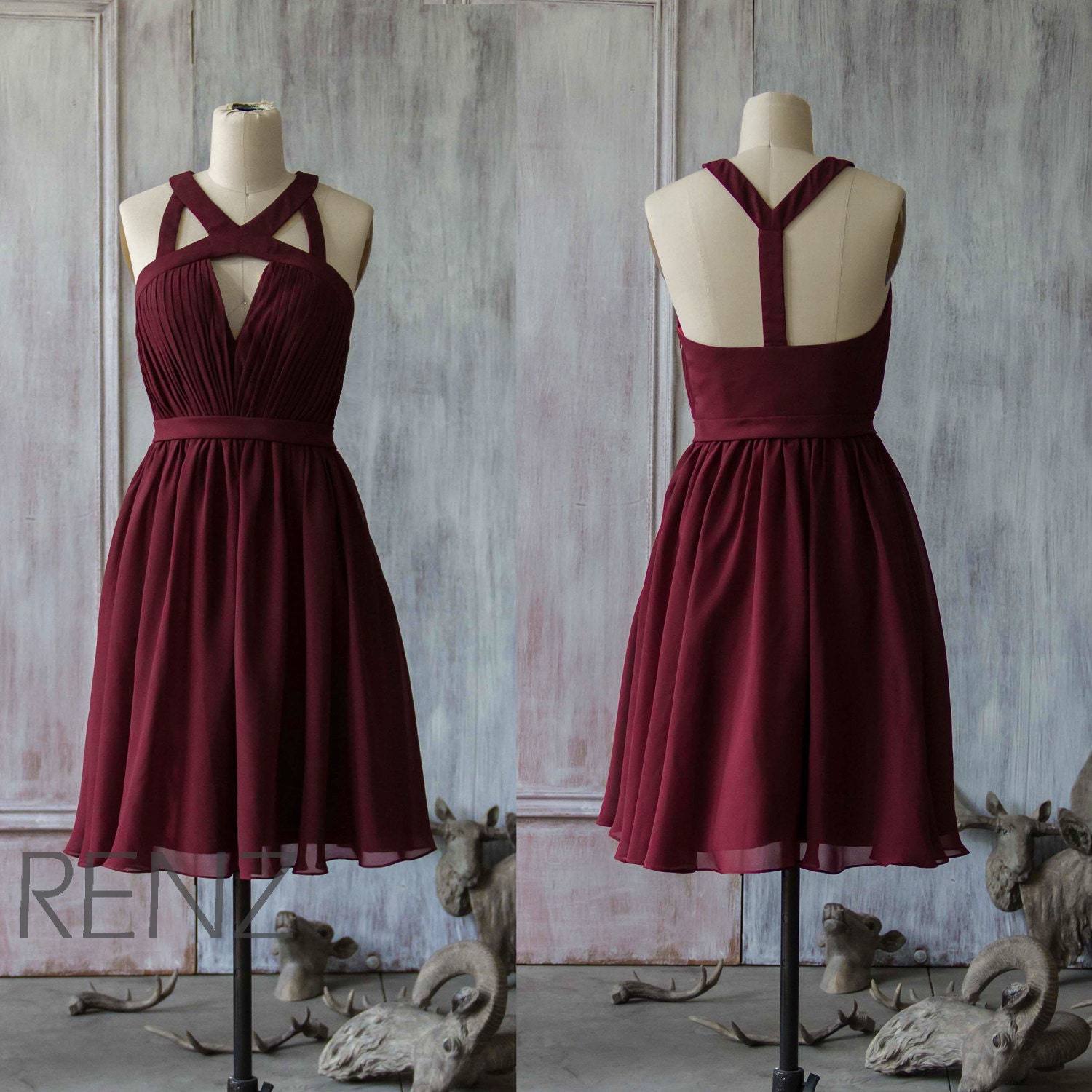 2015 Red Wine Bridesmaid dress Chiffon V neck Party by RenzRags
