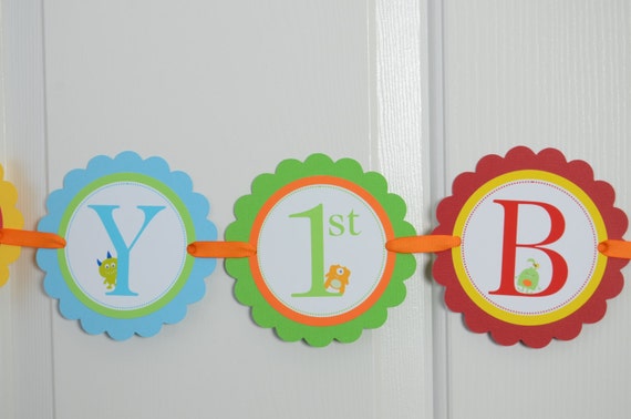 Monster Happy 1st Birthday Banner, Monster Banner, Birthday Party, Monster Theme, Red, Yellow, Turquoise, Orange and Lime Green Il_570xn