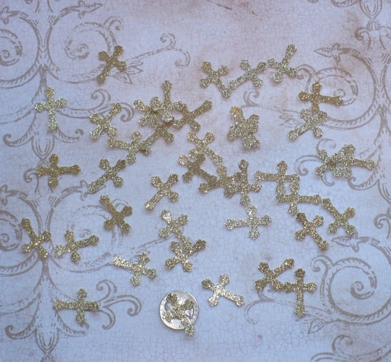 40 Small Cross Shapes made from Gold Glitter Cardstock for