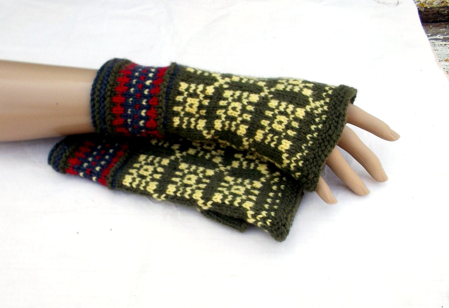 hand knitted fingerless gloves knit green by ...