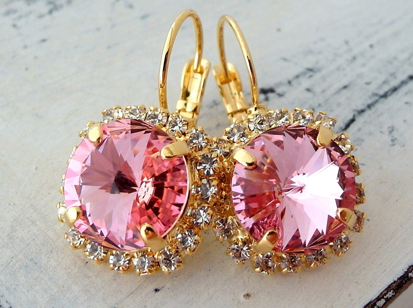 Pink crystal drop earrings soft pink Swarovski by EldorTinaJewelry