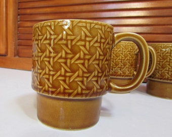 Vintage Brown Ceramic Lattice Stackable Coffee Mugs Set of Four