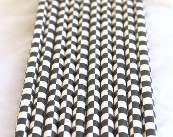 Black Checkerboard Paper Straws----Parties---25ct with Free Printable diy Flags
