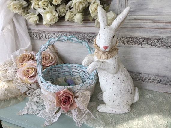 Easter Basket, Large Shabby Chic painted basket, Shabby Victorian Easter Decor, Aqua blue and white painted basket,romantic basket, bridal 