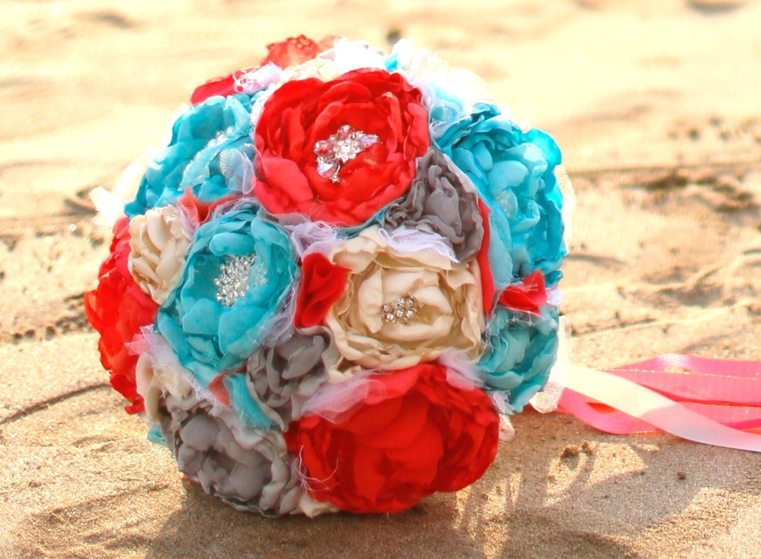 Ivory, Coral, turquoise, aqua, and grey romantic heirloom brooch wedding bouquet.