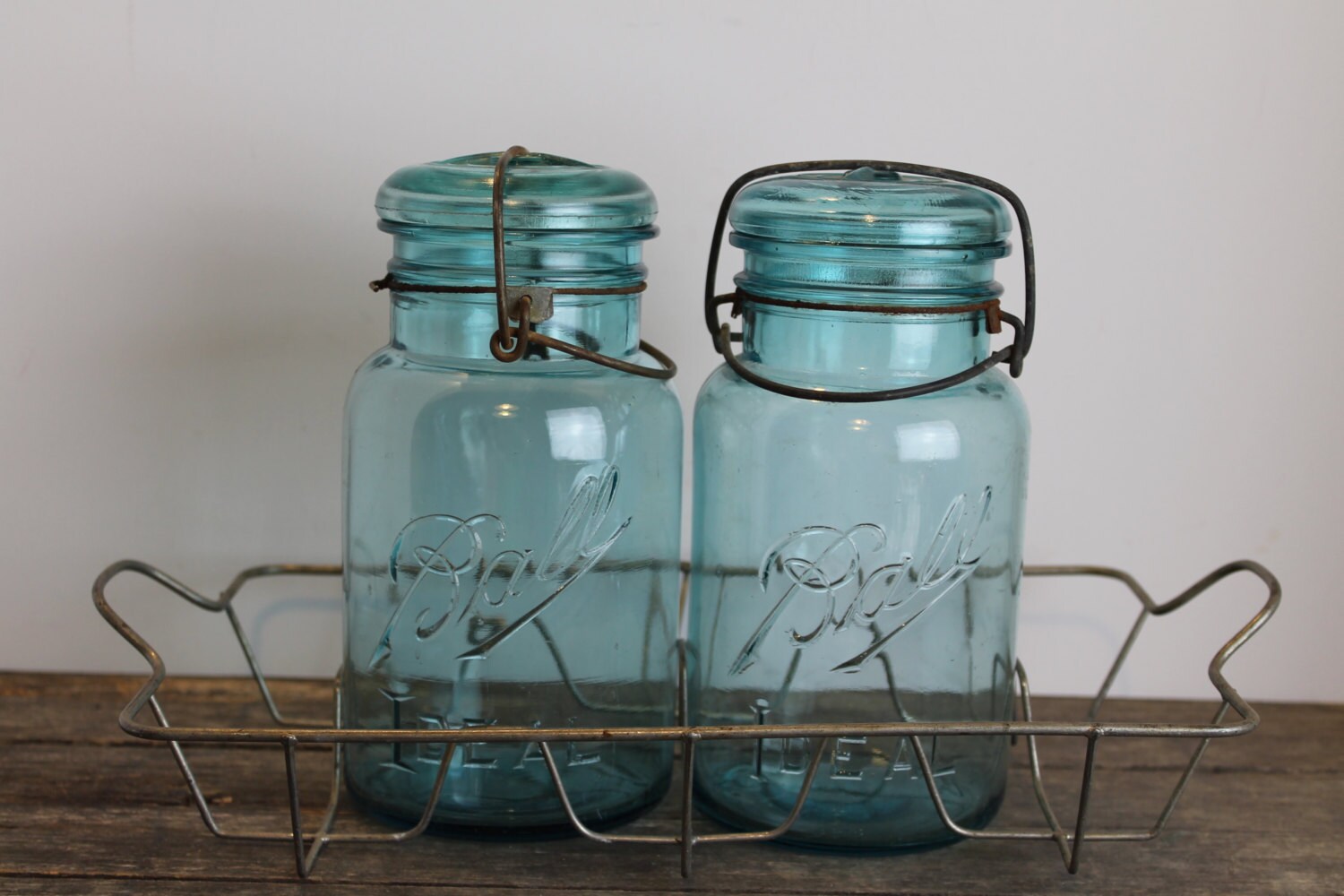 Vintage Blue Quart Canning Jars in Wire Metal Rack // Ball