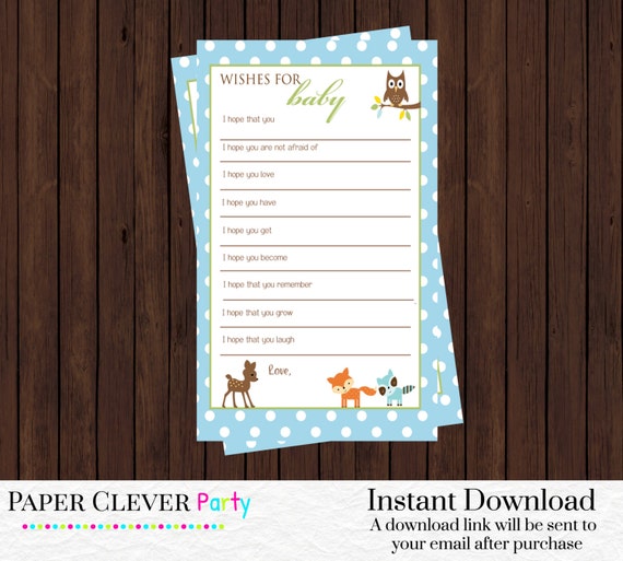 Wishes for baby boy -- blue woodland baby shower wishes for baby -- baby shower games instant download NO.35460 Il_570xn