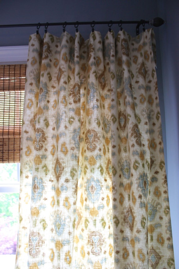 Blue Gold Green Brown and Ivory Ikat Curtain by StitchandBrush