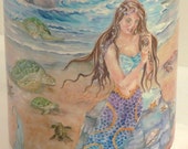 Ceramic Mermaid with Sea Turtles on Beach design 11oz Mug, light blue handle