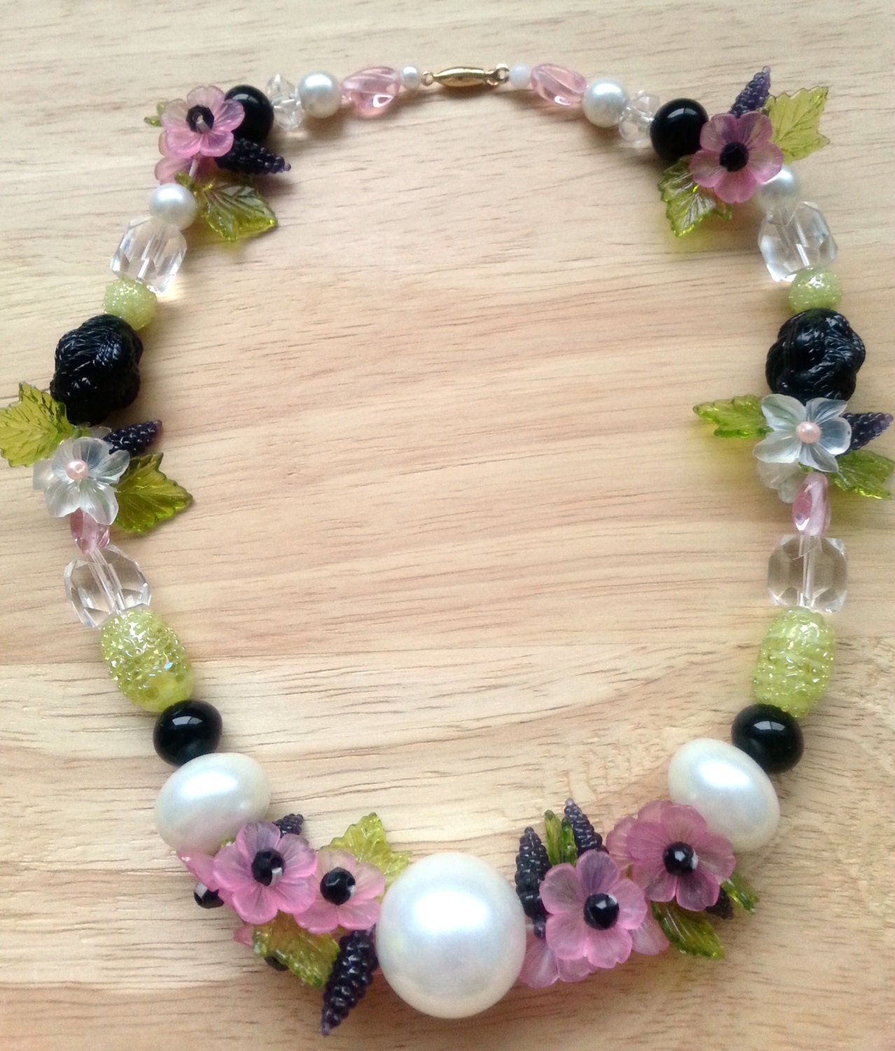 OOAK Handcrafted Beaded Green Glass Sugar Beads White Pearl