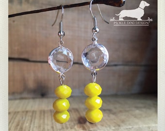 Lemon Ice. Dangle Earrings -- (Vintage-Style, Glass, Clear, Yellow, Sunny, Crystal, Sunshine, Bright, Neon, Summer, Gift for Her Under 15)