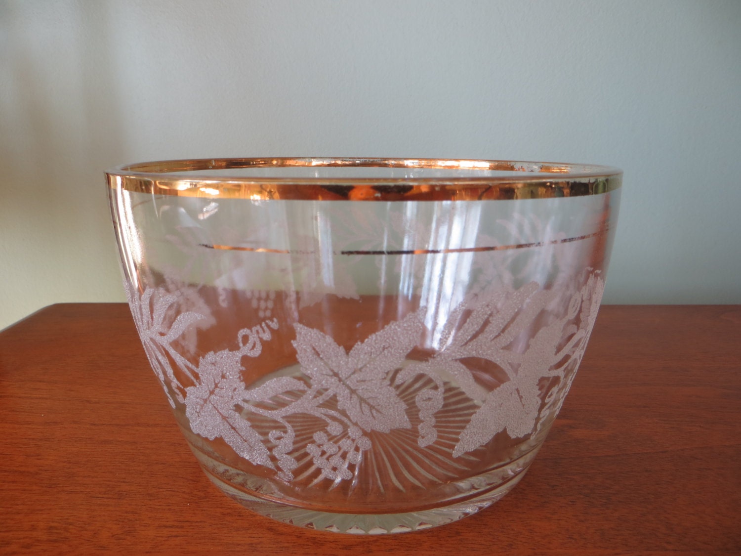 Etched Glass Bowl, Vintage Glass Serving Bowl, Vintage Ice Bucket