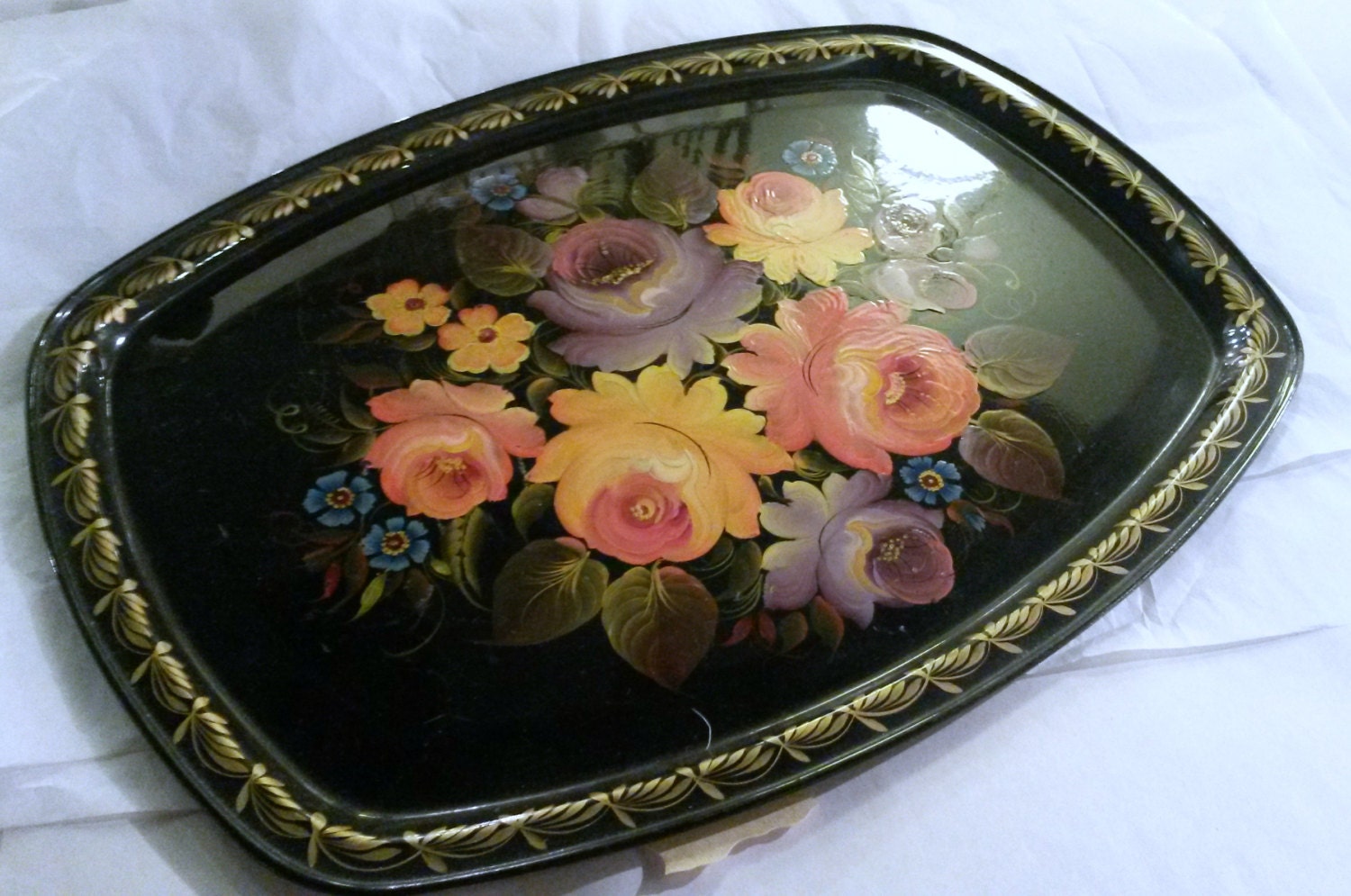 Sale Vintage Black Floral Metal Tray