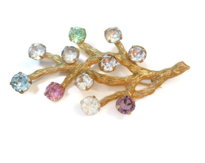 FREE SHIPPING Van Dell tree of life brooch, 1/20 12kt gold filled with prong set rhinestones 1950s early 60s