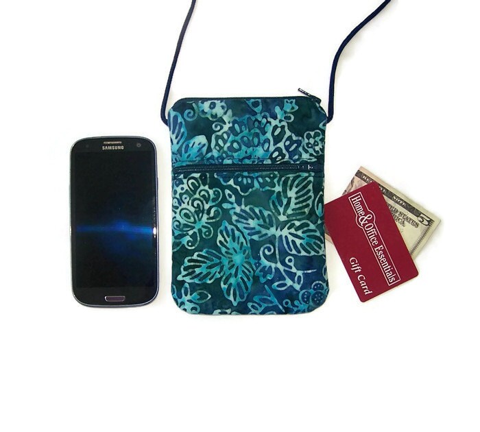 Cell Phone Sling Bag Hipster Blue and Green Batik Fabric