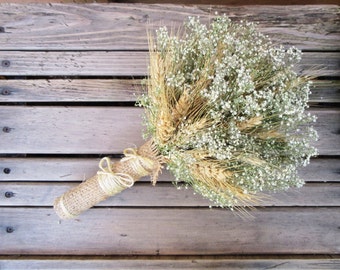 Simple Summer Wheat & Baby's Breath Bridal Bouquet - Dried Wedding Bouquet- Wheat Bouquet - Wheat