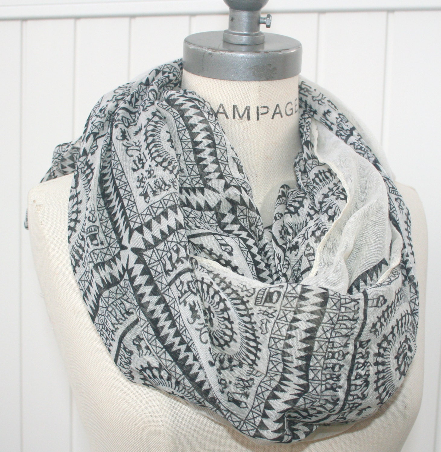 Tribal Scarf Black White Print Scarf Aztec Scarf Hieroglyphic