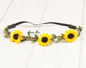Sunflower crown, Boho Headband, Halo Headband, Flower Crown, Baby Headband, Rustic Headband, Baby Girl Headband