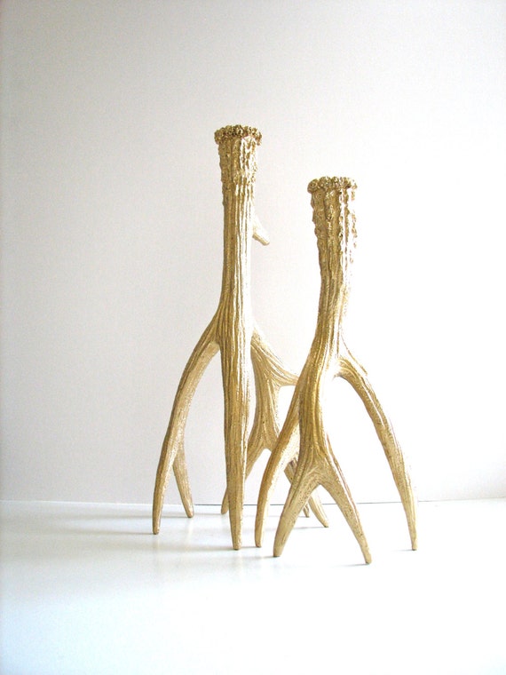 GOLD Faux Antler Set of 2 Candle Holder in all gold Deer