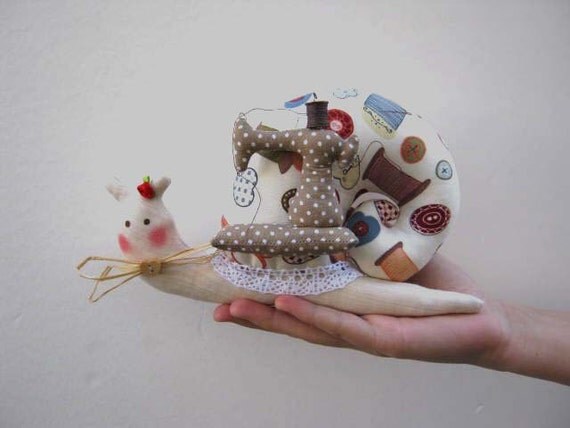 Fabric Snail Tilda doll with sewing machine - birthday gift , shabby 